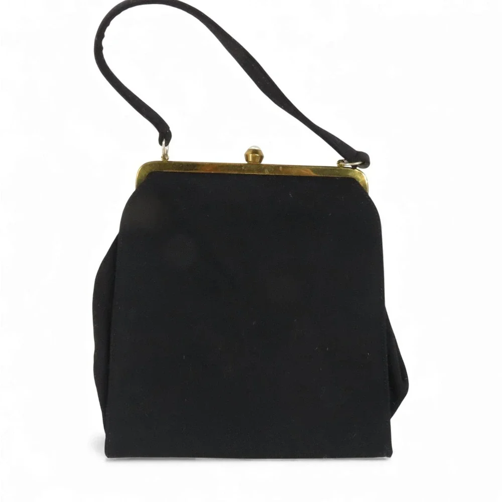 VTG Ingber Black Wool FRAME TOP PURSE BAG Pearlized Brass Lever Clasp SATCHEL